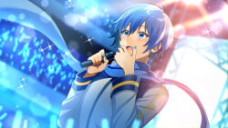 Rule 34 | 1boy, blue eyes, blue hair, blue nails, blue scarf, concert, fingernails, glowstick, hand on own face, happy tears, highres, holding, holding microphone, kaito (vocaloid), kikuchi mataha, light blush, long coat, male focus, microphone, nail polish, open mouth, scarf, short hair, solo, sparkle, surprised, tearing up, tears, teeth, upper teeth only, vocaloid