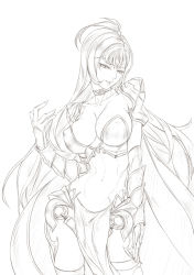 Rule 34 | 1girl, albert, armor, bikini armor, breasts, cape, choker, collarbone, contrapposto, gloves, large breasts, long hair, looking to the side, monochrome, muscular, navel, nipples, shoulder armor, sketch, solo, pauldrons, standing, thighhighs, very long hair