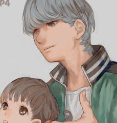 Rule 34 | 1boy, 1girl, 3838383, atlus, brown eyes, brown hair, child, copyright name, doujima nanako, grey background, grey eyes, grey hair, jacket, narukami yuu, open mouth, persona, persona 4, short twintails, simple background, twintails