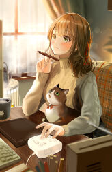 Rule 34 | 1girl, blurry, blurry foreground, blush, breasts, brown cat, brown hair, cat, closed mouth, commentary request, curtains, day, desk, drawing, drawing tablet, earrings, green eyes, highres, holding, holding stylus, indoors, jewelry, keyboard (computer), light, light particles, long sleeves, looking up, medium breasts, medium hair, monitor, on chair, original, pen, pencil, plaid, sidelocks, sitting, smile, solo, stylus, sweater, teapot, tourbox, turtleneck, turtleneck sweater, upper body, window, yellow sweater, yukimaru nun