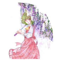 Rule 34 | 1girl, absurdres, ascot, blouse, bow, collared shirt, commentary request, flower, green hair, highres, holding, holding umbrella, kazami yuuka, lipstick, looking at viewer, makeup, open clothes, open vest, plaid, plaid skirt, plaid vest, puffy sleeves, red bow, red eyes, sano naoi, shirt, short hair, skirt, smile, solo, touhou, traditional media, umbrella, vest, waist bow, white background, white shirt, yellow ascot