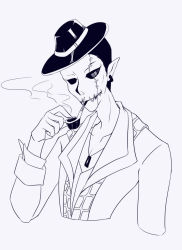 Rule 34 | 83629774, highres, identity v, jack (identity v), monochrome, smoking pipe, pipe in mouth, solo, tagme