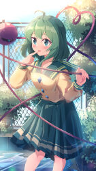 Rule 34 | 1girl, absurdres, ahoge, blush, bush, buttons, chinese commentary, collared shirt, commentary, cowboy shot, day, diamond button, fence, finger to mouth, green eyes, green hair, green skirt, hands up, heart, heart of string, highres, komeiji koishi, long sleeves, looking at viewer, medium hair, no headwear, open mouth, outdoors, pleated skirt, puddle, sdftehn, shirt, skirt, sky, solo, teeth, third eye, touhou, upper teeth only, yellow shirt