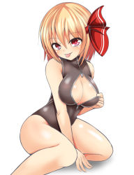Rule 34 | 1girl, :p, ahoge, blonde hair, blush, breasts, cleavage, cleavage cutout, clothing cutout, female focus, front zipper swimsuit, hair ribbon, large breasts, looking at viewer, meme attire, one-piece swimsuit, open mouth, red eyes, ribbon, roro (sghona10), rumia, short hair, simple background, smile, solo, swimsuit, tongue, tongue out, touhou, unzipped, white background, zipper