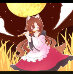 Rule 34 | 1girl, animal ears, brown hair, dress, closed eyes, flat color, highres, imaizumi kagerou, instrument, letterboxed, long hair, moon, music, night, playing instrument, sky, solo, tail, totoharu (kujirai minato), touhou, wolf ears, wolf tail