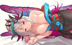 Rule 34 | 1girl, :d, amiba (nerdamiba), bare shoulders, black kimono, blush, breasts, butterfly wings, cleavage, collarbone, condom, condom wrapper, facial mark, fairy wings, female focus, fire emblem, fire emblem heroes, forehead mark, hair ornament, heart, heart-shaped pupils, highres, holding, holding condom, insect wings, japanese clothes, kimono, large breasts, long hair, long sleeves, looking at viewer, lying, nintendo, obi, off shoulder, on side, open mouth, plumeria (fire emblem), pointy ears, red eyes, sash, silver hair, smile, solo, symbol-shaped pupils, tassel, thorns, wide sleeves, wings