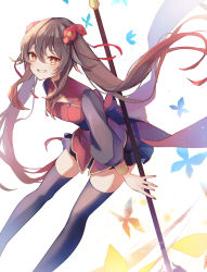 Rule 34 | 1girl, 7aka ne11, absurdres, black thighhighs, brown hair, china dress, chinese clothes, dress, flower, genshin impact, hair flower, hair ornament, highres, holding, holding weapon, hu tao (genshin impact), long hair, polearm, red eyes, skirt, smile, solo, symbol-shaped pupils, thighhighs, twintails, very long hair, weapon