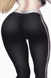 Rule 34 | 1girl, aki rosenthal, ass, ass focus, back, black pants, black undershirt, blonde hair, character name, clothes writing, crop top, crop top overhang, cropped shirt, head out of frame, highres, hololive, hololive dance practice uniform, kneepits, long hair, lower body, official alternate costume, pants, pantylines, shirt overhang, simple background, solo, tenko (winged assessin), thighs, thong, virtual youtuber, white background, yoga pants