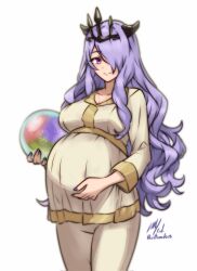 Rule 34 | 1girl, breasts, camilla (fire emblem), closed mouth, cowboy shot, fire emblem, fire emblem fates, hair over one eye, highres, jewelry, large breasts, long hair, long sleeves, nintendo, orb, pajamas, pregnant, purple eyes, purple hair, purple nails, ring, rotomdocs, signature, simple background, smile, solo, tiara, twitter username, wavy hair, wedding ring, white background