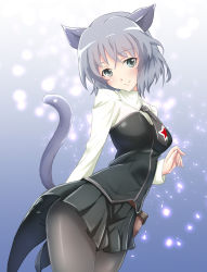 Rule 34 | 1girl, animal ears, blue eyes, cat ears, cat tail, highres, looking at viewer, machin, military, military uniform, necktie, pantyhose, pleated skirt, sanya v. litvyak, short hair, short necktie, silver hair, skirt, smile, solo, star (symbol), strike witches, tail, uniform, world witches series
