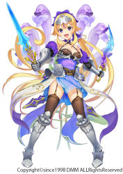 Rule 34 | 1girl, :d, armor, armored dress, belt, black thighhighs, blonde hair, boots, breasts, dress, dual wielding, flower, flower knight girl, full body, holding, holding sword, holding weapon, iltusa, knee boots, long hair, looking at viewer, medium breasts, armored boots, metal gloves, official art, open mouth, ponytail, purple eyes, smile, solo, standing, sword, tatsunamisou (flower knight girl), thigh strap, thighhighs, thighhighs under boots, weapon, white background