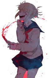 Rule 34 | 10s, 1girl, :d, blonde hair, blood, blood on clothes, blood on face, blunt bangs, blush, boku no hero academia, cardigan, cowboy shot, double bun, elbow gloves, fangs, gloves, hair bun, half-closed eyes, highres, knife, laughing, long sleeves, looking at viewer, open mouth, school uniform, serafuku, simple background, skirt, smile, solo, suko (sko numa), teeth, toga himiko, white background, yandere trance, yellow eyes