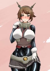 Rule 34 | 1girl, ayuayu (shouyu no sato), blush, bodysuit, bodysuit under clothes, breasts, brown hair, clothes lift, flipped hair, gloves, green eyes, grey skirt, headgear, kantai collection, large breasts, lips, looking at viewer, miniskirt, mutsu (kancolle), pink background, pleated skirt, shiny clothes, short hair, skin tight, skirt, skirt lift, smile, solo, striped clothes, striped skirt, upper body, white background, white gloves, wide hips