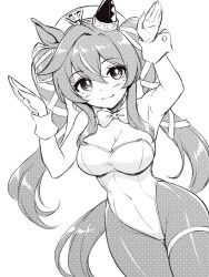 Rule 34 | 1girl, animal ears, bare shoulders, bow, bowtie, breasts, cleavage, closed mouth, commentary, cowboy shot, detached collar, ear covers, greyscale, hair between eyes, hat, highleg, highleg leotard, highres, horse ears, horse girl, horse tail, large breasts, leotard, long hair, looking at viewer, monochrome, multicolored hair, nontraditional playboy bunny, pantyhose, pataneet, single ear cover, smile, solo, strapless, strapless leotard, streaked hair, tail, thigh strap, twintails, umamusume, vivlos (umamusume), wrist cuffs