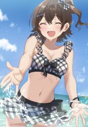 Rule 34 | 1girl, :d, ^ ^, absurdres, bikini, bikini skirt, blue sky, blush, bow, breasts, brown hair, cleavage, closed eyes, cloud, commentary, cowboy shot, day, emu (emum), hair bow, highres, idolmaster, idolmaster million live!, kasuga mirai, medium breasts, navel, one side up, open mouth, plaid, plaid bikini, sky, smile, solo, standing, stomach, swimsuit, symbol-only commentary