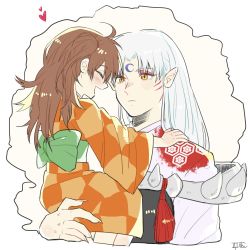 Rule 34 | 1boy, 1girl, awarinko, blush, brown hair, carrying, checkered clothes, checkered kimono, child, child carry, closed mouth, commentary, crescent, crescent facial mark, facial mark, fingernails, heart, inuyasha, japanese clothes, kimono, obi, open mouth, pointy ears, rin (inuyasha), sash, sesshoumaru, sharp fingernails, simple background, symbol-only commentary, white background, yellow eyes