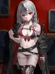 Rule 34 | 1girl, absurdres, arm strap, belt, bikini, black belt, black hair, black jacket, bow, braid, breasts, broken glass, chain, closed mouth, collarbone, ear piercing, earrings, glass, grey hair, hair ornament, hairclip, highres, hololive, holster, jacket, jewelry, layered bikini, long hair, looking at viewer, medium breasts, multicolored hair, multiple belts, multiple earrings, nail polish, navel, off shoulder, piercing, plaid, plaid bow, rasa k, red bikini, red bow, red eyes, red nails, sakamata chloe, solo, stomach, streaked hair, swimsuit, thigh holster, thighhighs, torn clothes, torn thighhighs, two-sided fabric, two-sided jacket, two-tone hair, virtual youtuber, x hair ornament