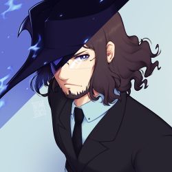 Rule 34 | beard, black hat, black mask, black necktie, blue eyes, blue fire, brown hair, dress shirt, facial hair, fire, formal, glasses, glowing, glowing hair, goatee, hasegawa zenkichi, hat, highres, honnojis, large hat, long sleeves, male focus, mask, necktie, persona, persona 5, persona 5 scramble: the phantom strikers, pointy hat, shirt, simple background, solo, suit, two-tone background, watermark, wavy hair, white shirt