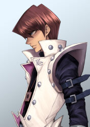 Rule 34 | 1boy, black shirt, brown hair, card, coat, from side, jewelry, kaiba seto, light smile, long sleeves, male focus, necklace, open clothes, open coat, shirt, short hair, simple background, sleeveless, sleeveless coat, solo, upper body, usui natrium, white coat, yu-gi-oh!, yu-gi-oh! duel monsters
