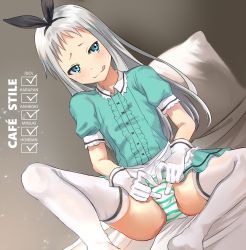 Rule 34 | 10s, 1boy, :p, aqua eyes, averting eyes, bed, bed sheet, blend s, blush, bulge, crossdressing, full body, gloves, hairband, half-closed eyes, heart, heart hands, highres, idol, kanzaki hideri, licking lips, long hair, looking at viewer, maid, male focus, on bed, panties, pillow, presenting, puffy short sleeves, puffy sleeves, seductive smile, short sleeves, silver hair, smile, spread legs, stile uniform, striped clothes, striped panties, takeume, thighhighs, tongue, tongue out, trap, underwear, waitress, white gloves