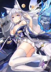Rule 34 | 1girl, animal ear fluff, animal ears, azur lane, bare shoulders, black kimono, breasts, bug, butterfly, cleavage, detached collar, flight deck, floating hair, fox ears, fox girl, hair ornament, hand up, highres, insect, japanese clothes, katana, kimono, large breasts, long hair, long sleeves, looking at viewer, machinery, miniskirt, moon, moon phases, off shoulder, parted lips, platform footwear, pleated skirt, purple eyes, sandals, sheath, sheathed, shimotsuki shio, shinano (azur lane), silver hair, skirt, solo, sword, thighhighs, thighs, weapon, white skirt, white thighhighs, wide sleeves, zettai ryouiki, zouri