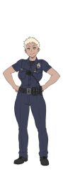 Rule 34 | 1girl, blonde hair, breasts, dark-skinned female, dark skin, full body, green eyes, hands on own hips, highres, large breasts, looking at viewer, naomi (sgt crisis), original, police, police uniform, policewoman, sgt crisis, short hair, simple background, smile, solo, uniform, white background