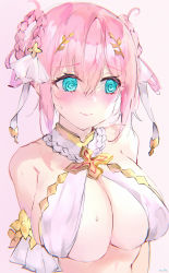 Rule 34 | 1girl, @ @, absurdres, bare shoulders, blue eyes, blush, braid, braided hair rings, breasts, cleavage, closed mouth, criss-cross halter, hair ribbon, hair rings, halterneck, highres, large breasts, looking to the side, mile (off8mile), pink hair, princess connect!, ribbon, short hair, solo, twin braids, yui (ceremonial) (princess connect!), yui (princess connect!)