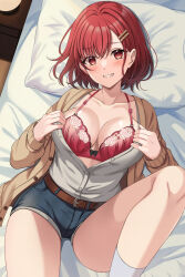 Rule 34 | 1girl, blush, bra, breasts, hair ornament, hairclip, harimoji, highres, large breasts, legs, looking at viewer, lying, open clothes, open shirt, original, pillow, red bra, red eyes, short hair, short shorts, shorts, smile, socks, solo, sweater vest, underwear, white socks