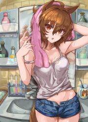 Rule 34 | 1girl, agnes tachyon (umamusume), ahoge, animal ears, arm behind head, arm up, bare arms, bare shoulders, bathroom, blue shorts, breasts, brown eyes, brown hair, camisole, collarbone, cowboy shot, denim, denim shorts, drying, drying hair, faucet, fingernails, fisheye, hair between eyes, hand up, head tilt, highres, horse ears, horse girl, horse tail, indoors, medium breasts, medium hair, midriff peek, mirror, navel, okitsugu, open clothes, open fly, open shorts, reflection, short shorts, shorts, sink, solo focus, stomach, strap slip, tail, tile wall, tiles, toothbrush, towel, towel on head, umamusume, unbuttoned, wet, wet face, wet hair