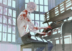 Rule 34 | 1boy, blood, blood on arm, blood on clothes, blood on face, blood on hands, blood on window, blue background, chair, closed mouth, full body, grey hair, gun, hands up, highres, indoors, instrument, jaddddan, looking down, male focus, music, original, piano, playing instrument, playing piano, shirt, short hair, shotgun, sitting, solo, very short hair, weapon, white shirt