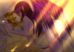 Rule 34 | 2girls, angel, ass, bad id, bad pixiv id, blonde hair, blush, breasts, eye contact, fingernails, girl on top, hand on another&#039;s head, holding hands, incest, interlocked fingers, kayle (league of legends), league of legends, light rays, long hair, looking at another, lying, medium breasts, morgana (league of legends), multiple girls, nude, oldlim, on back, on bed, pointy ears, purple eyes, purple hair, siblings, sisters, sunbeam, sunlight, sweat, thigh straddling, wings, yellow eyes, yuri