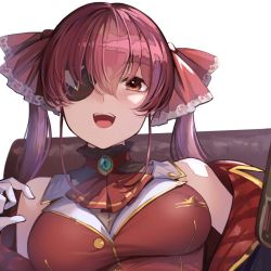 Rule 34 | 1girl, armchair, ascot, bare shoulders, bodysuit, bodysuit under clothes, bottle, breasts, chair, cleavage, close-up, commentary, eyepatch, gloves, hair between eyes, hair ribbon, holding, holding bottle, hololive, houshou marine, jacket, koruse, large breasts, looking at viewer, medium hair, off shoulder, open mouth, red ascot, red eyes, red hair, red jacket, red ribbon, ribbon, see-through, see-through cleavage, simple background, sitting, smile, solo, teeth, twintails, upper body, upper teeth only, virtual youtuber, white background, white gloves, wine bottle