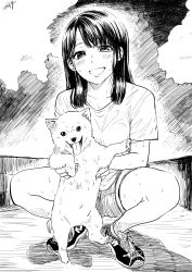Rule 34 | 1girl, :d, animal, bad id, bad twitter id, blush, breasts, collarbone, commentary request, dog, greyscale, head tilt, highres, holding, holding animal, looking at viewer, medium hair, monochrome, nikaidou kou, open mouth, original, puppy, shirt, shoes, shorts, signature, small breasts, smile, sneakers, squatting, sweat, tongue, tongue out