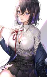 Rule 34 | 1girl, artist name, black bra, black hair, blazer, bow, bowtie, bra, breasts, buttons, cleavage, closed mouth, hair ornament, jacket, large breasts, long sleeves, looking at viewer, mole, off shoulder, original, pleated skirt, purple eyes, school uniform, sencha (senchat), shirt, signature, simple background, sitting, skirt, solo, underwear, x hair ornament