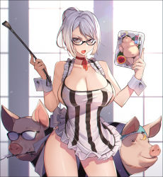 Rule 34 | 10s, 1girl, andou reiji, animalization, apron, blue panties, bow, bow panties, breasts, choker, cleavage, contrapposto, fang, glasses, glint, hair bun, huge breasts, large breasts, looking at viewer, morokuzu takehito, mouth hold, naked apron, object on head, open mouth, panties, panties on head, pig, pointing, pointing up, prison school, ribbon choker, riding crop, shiraki meiko, short hair, silver hair, single hair bun, sparkle, standing, striped, underwear, vertical stripes, wakamoto shingo, whoisshe, wrist cuffs