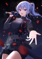 Rule 34 | 1girl, :d, belt, black belt, black nails, black shorts, blue eyes, blue hair, breasts, covered navel, cowboy shot, falling petals, floral print, flower, highres, holding, holding microphone, hololive, hoshimachi suisei, hoshimachi suisei (shout in crisis), microphone, multiple belts, music, official alternate costume, official alternate hairstyle, open hand, open mouth, outstretched arm, petals, red flower, red rose, rose, rose print, short shorts, shorts, singing, small breasts, smile, solo, star (symbol), star in eye, symbol in eye, thighs, virtual youtuber, you06
