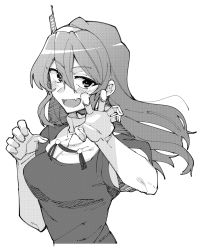 Rule 34 | 1girl, ashigara (kancolle), blush, breasts, claw pose, cropped torso, fake horns, fang, gloves, greyscale, hair between eyes, hairband, higaragi, highres, horned headwear, horns, kantai collection, long hair, long sleeves, looking at viewer, medium breasts, monochrome, open mouth, simple background, skin fang, solo, upper body