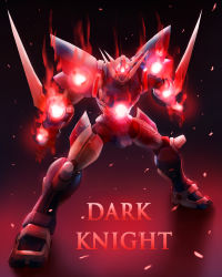 Rule 34 | absurdres, arm blade, black background, english text, glowing, glowing crystal, highres, mecha, no humans, red eyes, robot, soulgain, sterben, super robot wars, super robot wars advance, v-fin, weapon