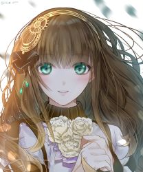 Rule 34 | 1girl, ascot, blunt bangs, brown hair, cardia beckford, code:realize, gear hair ornament, gears, green eyes, hair ornament, hair ribbon, highres, ichige yoru, long hair, looking at viewer, open mouth, own hands together, ribbon, simple background, smile, solo, very long hair, white ascot, white background