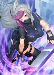 Rule 34 | 1girl, ass, blue eyes, breasts, card, emma bessho, fingerless gloves, ghost girl (yu-gi-oh! vrains), gloves, grey hair, holding, holding card, large breasts, long hair, looking at viewer, one eye closed, purple hair, shorts, solo, suzume inui, thighhighs, wink, yu-gi-oh!, yu-gi-oh! vrains, yuu-gi-ou, yuu-gi-ou vrains