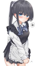 Rule 34 | 1girl, apron, black dress, black hair, blue bow, blue eyes, blush, bow, closed mouth, collared shirt, dress, dress shirt, frilled apron, frills, hair between eyes, highres, long hair, long sleeves, neku (neku draw), original, ponytail, puffy long sleeves, puffy sleeves, shirt, simple background, sleeveless, sleeveless dress, sleeves past wrists, solo, spoken squiggle, squiggle, standing, waist apron, white apron, white background, white shirt