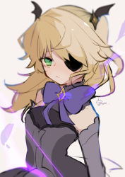 Rule 34 | artist name, blonde hair, blurry, blurry background, bow, chuunibyou, closed mouth, depth of field, elbow gloves, expressionless, eyepatch, fischl (genshin impact), genshin impact, gloves, green eyes, hair over one eye, harunohaori, highres, signature, sleeveless, solo, two side up, wing hair ornament