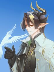 Rule 34 | 1boy, absurdres, animal, arknights, bird, bird on hand, black hair, black horns, black robe, blonde hair, blue background, blue bird, chong yue (arknights), closed mouth, collared jacket, dragon boy, dragon horns, earrings, hair intakes, hand up, highres, horns, jacket, jewelry, lapels, long hair, long sleeves, looking at animal, male focus, multicolored hair, open clothes, open jacket, orange eyes, pointy ears, puxiabcde (zhu mu zhi), robe, solo, streaked hair, upper body, white jacket, yellow horns