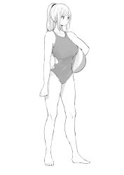 Rule 34 | 1girl, ball, barefoot, beachball, borrowed character, breasts, casual one-piece swimsuit, full body, high ponytail, highres, long hair, looking away, medium breasts, monochrome, norman maggot, one-piece swimsuit, original, ringsel (ringsel), sidelocks, simple background, solo, standing, swimsuit, white background
