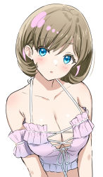 Rule 34 | 1girl, blue eyes, breasts, cleavage, collarbone, grey hair, large breasts, looking at viewer, love live!, love live! superstar!!, open mouth, parted bangs, sankuro (agoitei), short hair, simple background, solo, tang keke, upper body, white background