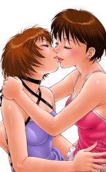 Rule 34 | 2girls, arms around neck, blush, breasts, closed eyes, collarbone, commentary request, from side, hand on another&#039;s hip, highres, kiss, lipstick, makeup, medium breasts, multiple girls, original, short hair, tank top, tongue, tongue out, upper body, white background, yui toshiki, yuri