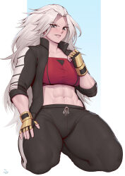 Rule 34 | 1girl, abs, absurdres, breasts, double dragon, highres, jacket, kunio-kun series, large breasts, long hair, long sleeves, marian kelly, pants, river city girls, solo, speedl00ver, sports bra, white hair