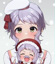 Rule 34 | 2girls, blush, christmas, closed eyes, commentary, dot nose, dress, fake facial hair, fake mustache, gloves, grey background, hat, highres, idolmaster, idolmaster million live!, idolmaster million live! theater days, little mizuki, looking at viewer, makabe mizuki, mini person, minigirl, multiple girls, open mouth, purple hair, raimone26, red dress, red headwear, ribbed hat, santa hat, short hair, sidelocks, smile, symbol-only commentary, upper body, wavy hair, white dress, white gloves, white headwear, yellow eyes