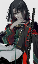 Rule 34 | 1boy, black coat, black hair, braid, chinese clothes, coat, fate/grand order, fate (series), feet out of frame, grey background, grey eyes, hand on own face, high collar, jacket, long hair, long sleeves, looking at viewer, male focus, signature, simple background, smile, solo, tabacooo, tai gong wang (fate), tangzhuang, weapon, whip