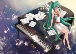 Rule 34 | 1girl, anklet, barefoot, beamed quavers, crazypen, dress, female focus, full body, green eyes, green hair, hair ribbon, hatsune miku, instrument, jewelry, legs, long hair, matching hair/eyes, musical note, piano, quaver, reflection, ribbon, sheet music, sitting, sky, solo, twintails, very long hair, vocaloid, water